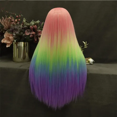 Miniatura 3 de IMSTYLE Pelucas sintéticas rectas con encaje frontal de colores arcoíris de 26 pulgadas, línea de cabello natural para Halloween, cosplay, fiesta