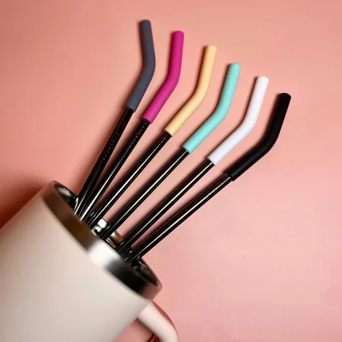Miniatura 4 de 6 popotes rectos reutilizables de acero inoxidable de 12 pulgadas, con 6 puntas flexibles de silicona y 2 cepillos de limpieza, para vaso Stanley