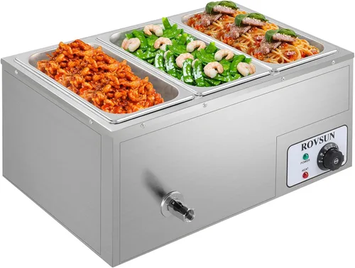 Miniatura 9 de ROVSUN Calentador eléctrico comercial de 21 cuartos de galón, 2 bandejas, 110 V, acero inoxidable Bain Marie, mesa de vapor de 10.6 cuartos de galón