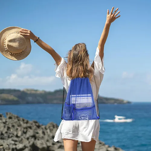 Miniatura 2 de Bolsa de malla con cordón resistente, mochila de gimnasio con soporte para botellas para bolas, natación, juguetes de playa, Azul, Deportes