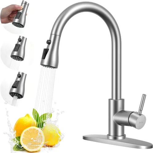 Miniatura 12 de Arofa Grifo de cocina negro mate, grifo de fregadero de cocina con rociador abatible, de una sola manija, de acero inoxidable, comercial, moderno