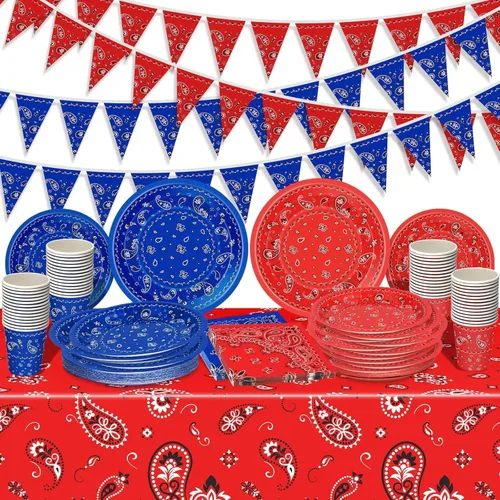 Miniatura 9 de 123 piezas de decoraciones de fiesta de vaquero occidental para 30 invitados, juego de vajilla desechable con platos, tazas, servilletas, pancartas