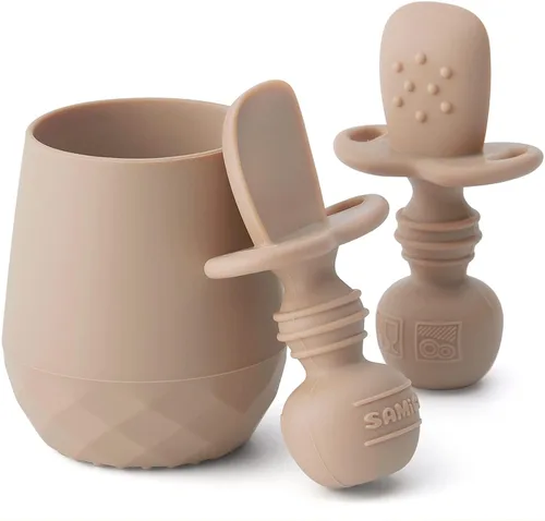 Miniatura 11 de SAMiGO Utensilios de silicona para bebés – Cucharas de autoalimentación y pequeña taza de entrenamiento – Suministros de destete LED para bebés