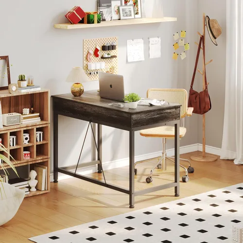 Miniatura 2 de Mexin Escritorio pequeño con 2 cajones de madera, escritorio de escritura para oficina en casa de 40 pulgadas, escritorio de tocador con Roble gris
