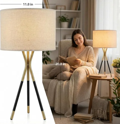 Miniatura 2 de Juego de 2 lámparas de mesa con trípode modernas de 20.8 pulgadas, lámparas de mesa de metal negro y dorado para sala de estar, dormitorio, mesita