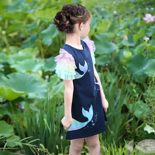 Miniatura 5 de Sunny Fashion Vestido de niña azul camiseta bolsillo bordado mariposa tul manga aleteo