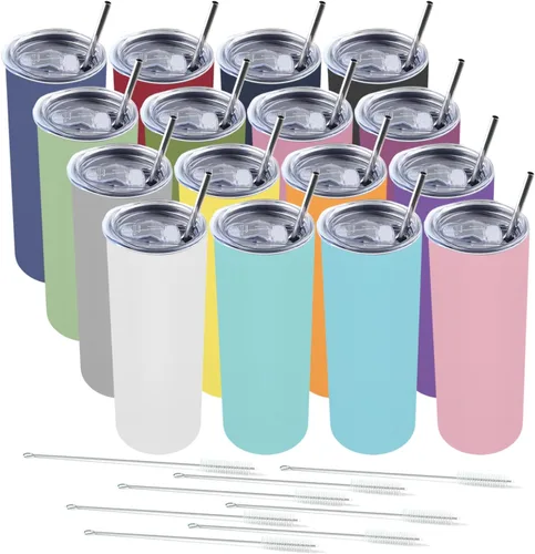 Miniatura 11 de Amtidy Paquete de 12 vasos delgados de 20 onzas con tapa y popote, vaso aislado al vacío de doble pared para bebidas frías y calientes