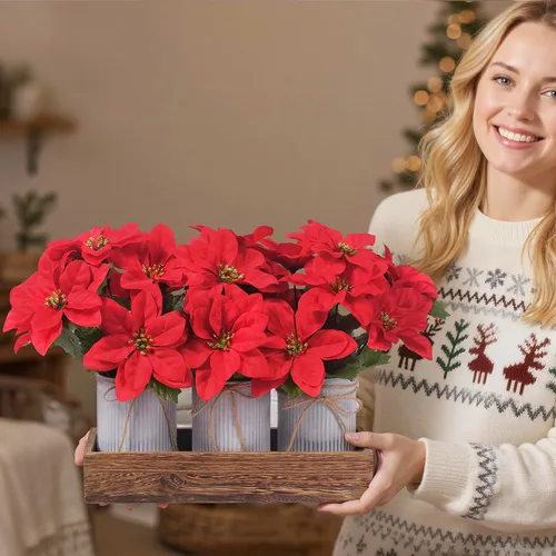 Miniatura 3 de Flores de Pascua Artificiales Decoraciones Navideñas – Paquete de 3 Flores de Pascua Rojas en Macetas de Metal Galvanizado con Caja de Madera