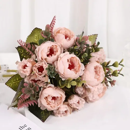Ramo de boda artificial de peonía de 9 cabezas para el hogar, flores artificiales para decoración del hogar (rosa champán)