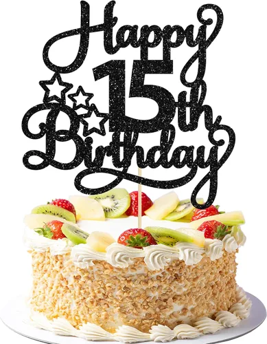 Miniatura 67 de 1 paquete de decoración de pastel de feliz 15 cumpleaños, topper de pastel dorado con purpurina Mis Quince 15, saludos a 15 años, adorno de pastel