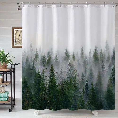 Miniatura 32 de Cortina de ducha Stall pequeña de bosque brumoso en blanco y negro, gris degradado, árbol de pino de montaña, tela impermeable, cortinas de ducha