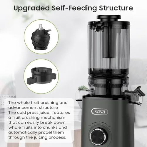 Miniatura 9 de Exprimidor de prensa en frío sin BPA, máquina exprimidora lenta fácil de limpiar, exprimidor de alimentación automática con canal de alimentación