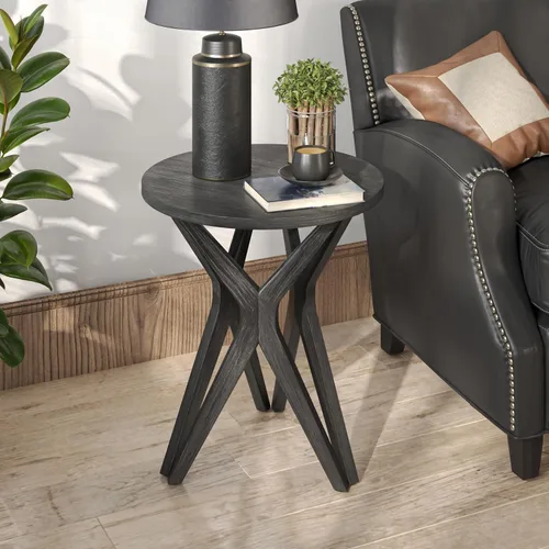 Miniatura 5 de Mesa auxiliar estilo rústico con pedestal, superficie envejecida con base de trípode, mesita de noche para sala de estar, moderna, decoración boho
