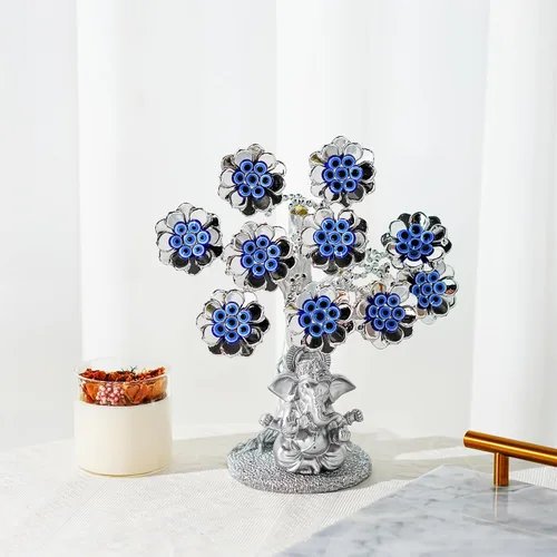 Miniatura 4 de Árbol de la suerte de flores de ojo malvado con elefante hindú plateado Ganesha, estatua de Dios para oficina en casa, adorno de protección Feng
