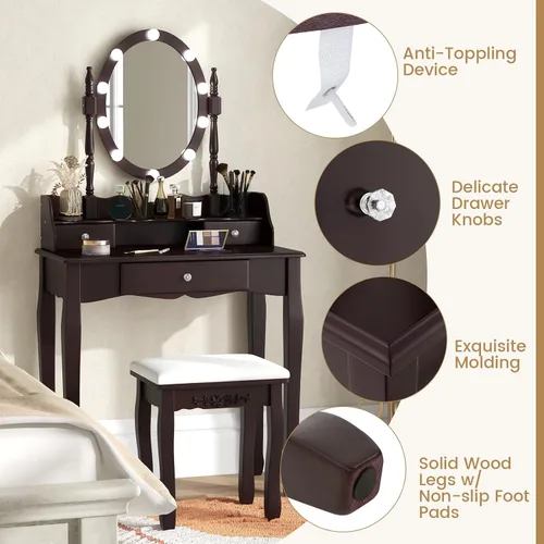 Miniatura 6 de Byroce - Juego de tocador con taburete acolchado, mesa de maquillaje con espejo ovalado iluminado giratorio de 360°, 3 cajones, 10 luces LED