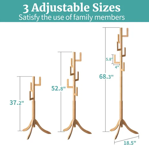 Miniatura 4 de Perchero independiente, árbol de bambú de cactus, soporte de madera de altura ajustable con 6 ganchos, perchero para niños, utilizado en el Natural