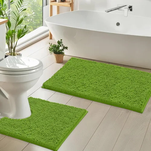 Miniatura 33 de LuxUrux Juego de 2 tapetes de baño de felpa extrasuave, material de microfibra de felpilla de 1 pulgada, color verde súper absorbente