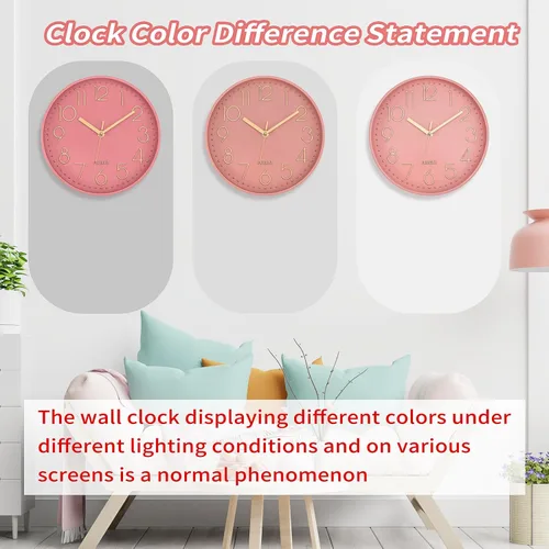 Miniatura 6 de Lumuasky Reloj de pared rosa, moderno, funciona con pilas, analógico, pequeño, lindo, silencioso, sin tictac, reloj decorativo para escuela
