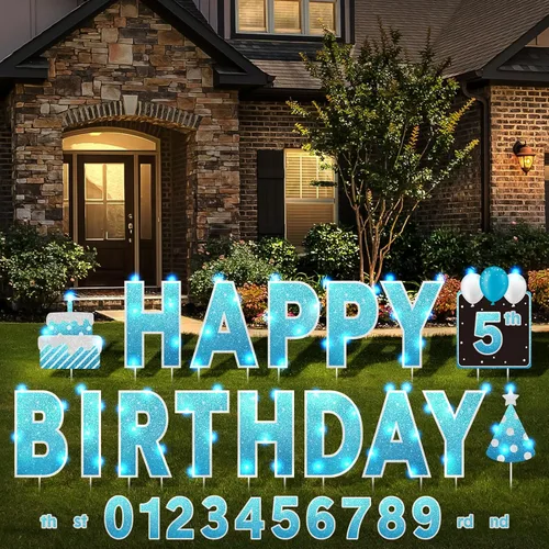 Miniatura 11 de Yerliker 16 piezas de carteles de feliz cumpleaños para patio con estacas, luces LED de 32.8 pies, 42 piezas de adhesivos numéricos, carteles
