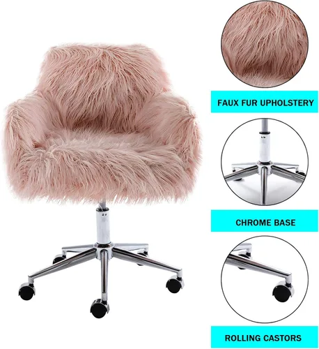 Miniatura 5 de HomVent Silla decorativa de piel sintética, bonita silla giratoria de piel sintética lanuda y moderna, taburete de maquillaje, altura ajustable