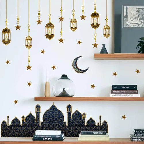 Miniatura 5 de Calcomanías de decoración de pared de Ramadán, calcomanías de pared musulmanas islámicas Eid Mubarak Ramadán, farol, luna, estrella, ventana