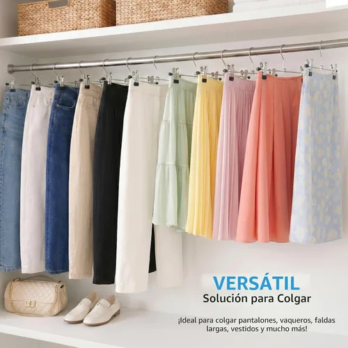 Miniatura 7 de Zober Perchas de metal para faldas – Paquete de 10 perchas para pantalones con clips – Perchas apilables para ahorrar espacio – Clip ajustable