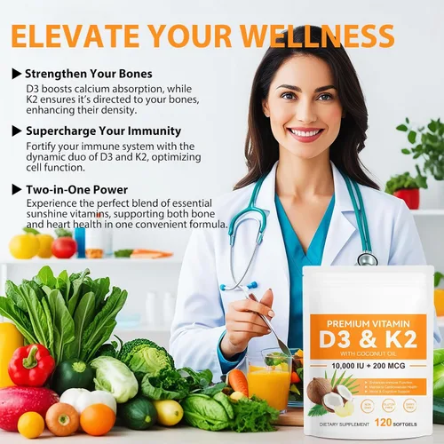 Miniatura 5 de flasture Suplemento de Vitamina D3 K2 en Cápsulas Blandas, 10000 UI de VIT D3 + 200 MCG de K2 (MK-7) Fórmula 2-en-1 para Reposición con Aceite