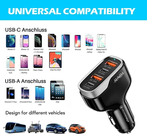 Miniatura 6 de SUNDA Cargador de Coche USB C Rápido de 60W Adaptador de Carga de Coche de 4 Puertos Dual Tipo C PD30W/PPS30W Compatible con iPhone 17/16