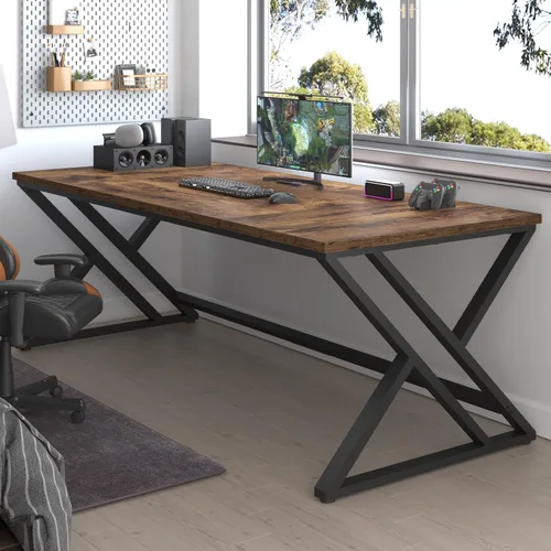 Miniatura 6 de LVB 78.7" Escritorio para computadora, escritorio industrial extra largo de madera para oficina en casa, escritorio grande rústico moderno de metal