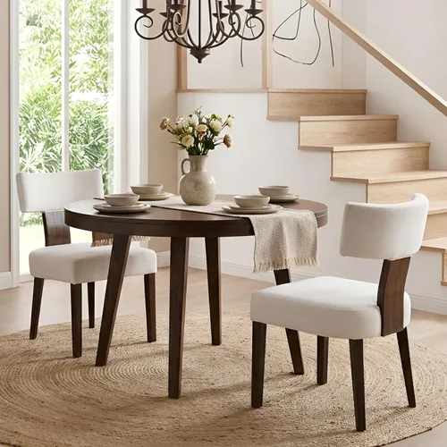 Miniatura 43 de HNY Juego de 6 sillas de comedor de ratán de estilo de mediados de siglo, silla de acento tapizada en lino de estilo granja con respaldo curvo