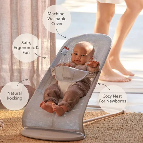 Miniatura 2 de BabyBjörn Bouncer Balance Soft, Malla, Plata/Blanco 2-en-1 Asiento Ajustable de Mecedora para Bebés y Silla para Niños Pequeños, de Recién Nacido a