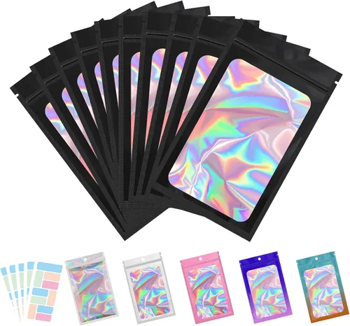 Miniatura 13 de Paquete de 100 bolsas de Mylar con ventana transparente, holográficas, a prueba de olores, para pequeñas empresas, bolsas resellables
