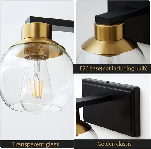 Miniatura 7 de Juego de 2 apliques de baño, apliques de pared negros y dorados juego de dos, luz de tocador de baño con pantalla de vidrio transparente, luminarias