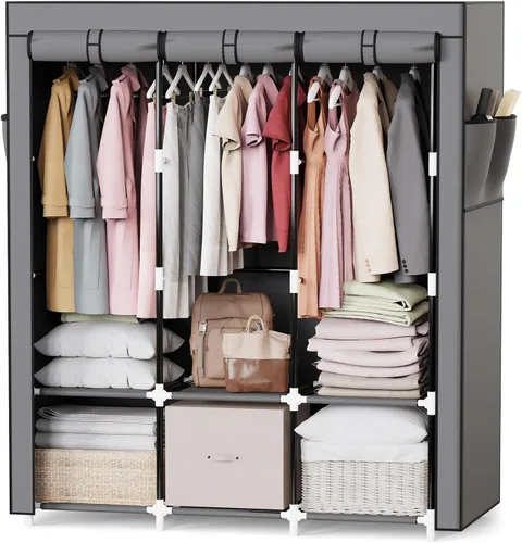 Miniatura 10 de Mavivegue Armario portátil, Armario de ropa, Armario portátil para colgar ropa, para dormitorio y sala de estar, Negro, 2 filas, 34" de ancho x 18