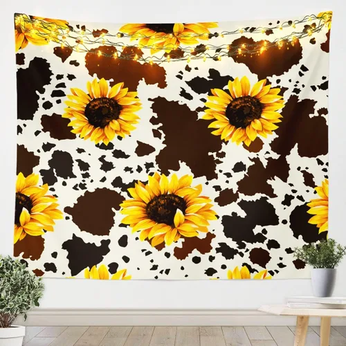 Erosebridal Tapiz de vaca de girasol para niños y niñas, tapices rústicos de piel de vaca marrón con flores amarillas decorativas para el hogar,