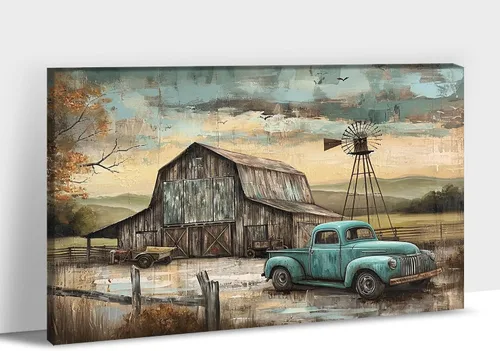 Miniatura 17 de Lienzo de pared de camión antiguo de granja, arte de pared de granero rústico, impresiones de lienzo de camioneta vintage de campo, impresiones