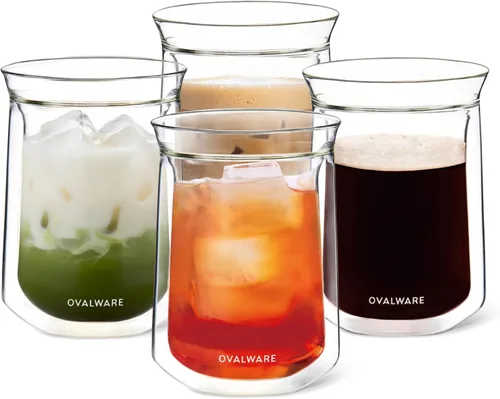 ovalware Vaso de vidrio aislado de doble pared con un solo labio, juego de 4 (12 onzas / 350ml), vidrio de borosilicato para café, té, whisky,