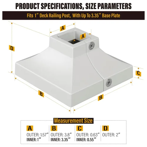 Miniatura 4 de Paquete de 4 cubiertas de base de poste de cubierta de aleación de aluminio (base de poste de 1 x 1 pulgada x 3.35 pulgadas), para pasamanos, Blanco