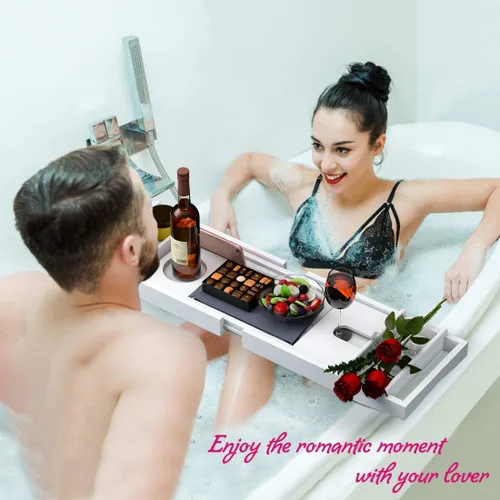 Miniatura 4 de Bandeja Organizadora para Bañera para Baño de Lujo - Mesa de Baño de Bambú Impermeable Expandible sobre la Bañera con Portavinos y Portallibros