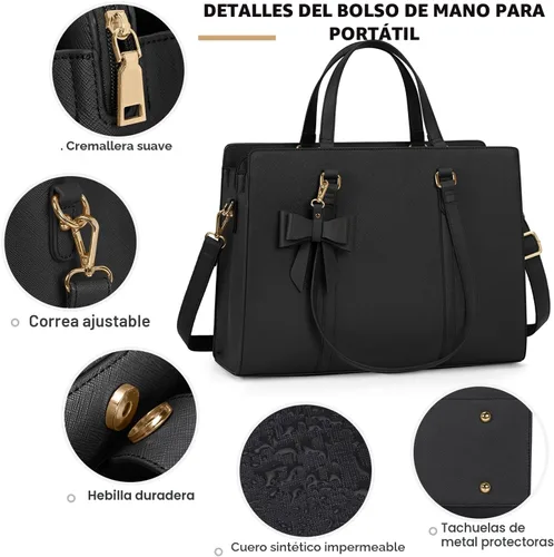 Miniatura 5 de Bolsa de computadora portátil para mujer, bolsa de mano para laptop de 15.6 pulgadas, bolsa de cuero impermeable, maletín grande y ligero, bolsa