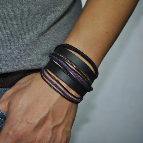 Miniatura 5 de Pulsera de piel auténtica para hombre y mujer, multicapa, ajustable, con cuerda multicolor