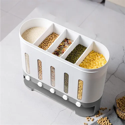 Miniatura 9 de Contenedor de almacenamiento de arroz y granos de 5 rejillas, dispensador de arroz y alimentos con cubo de almacenamiento de presión de un botón