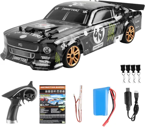 GoolRC Coche de deriva a control remoto a escala 1:18, 2.4 GHz, 4 WD, 30 KM/H, autos de carreras de alta velocidad con tira de luz LED y 1 batería