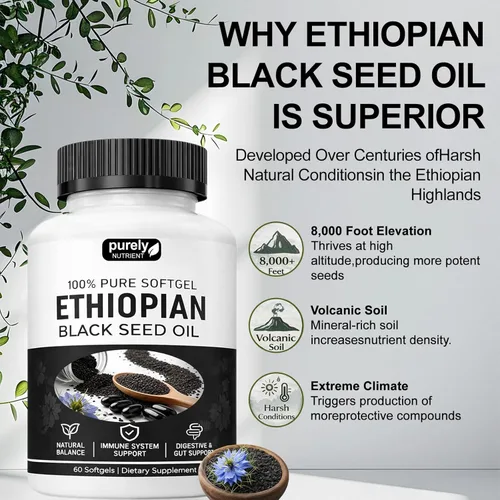 Miniatura 3 de Aceite de semilla negra etíope puramente nutritiva, cápsulas de aceite de semilla negra puramente etíope 4.64% timoquinona, cápsulas blandas