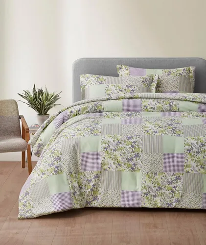 Chezmoi Collection Daisy - Juego de edredón de retazos estampados de 3 piezas, diseño de mariposas moradas, caramelo botánico a cuadros, ropa de