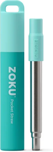 ZOKU Popote de metal reutilizable con estuche para viajes, Azul Turquesa - Popote plegable de acero inoxidable con punta de silicona y cepillo Verde