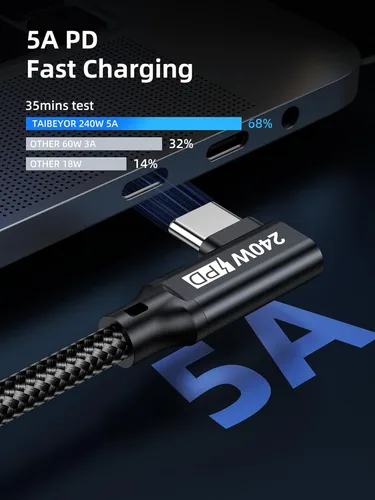 Miniatura 4 de Cable USB C a USB C de 240W 0.5FT, PD 3.1 Tipo C a C 5A Cable de Carga Rápida en Ángulo Recto para MacBook Pro/Air, iPad Pro/Air/Mini