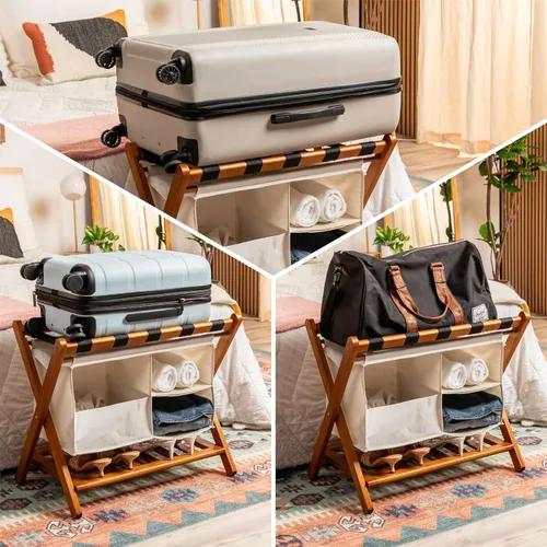 Miniatura 4 de Estante plegable de bambú de nogal totalmente ensamblado para habitación de invitados, soporte plegable de maleta de 26.75 pulgadas con bolsa