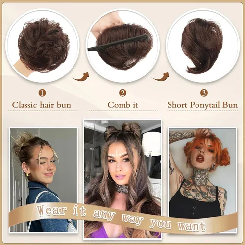 Miniatura 4 de SOFEIYAN 2 piezas de extensión de moño desordenado, ondulado, rizado, mini moño desordenado, coleteros de pelo sintético con dona, accesorio