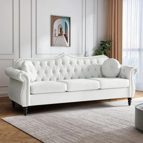 Miniatura 28 de AVZEAR 82" Sofá de tres plazas de cuero, sofá Chesterfield, sofá tapizado en PU de estilo moderno de mediados de siglo, sofá de sala de estar